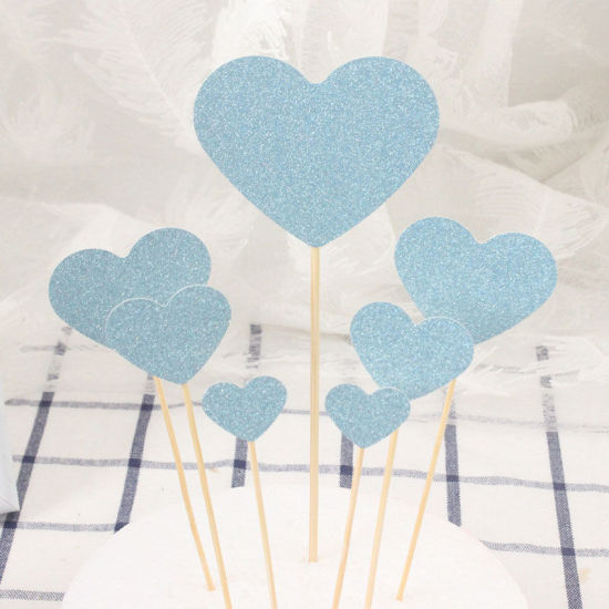 Picture of Paper Cupcake Picks Toppers Skyblue Heart Glitter 19cm x 7.5cm - 13cm x 2.5cm, 1 Set ( 7 PCs/Set)