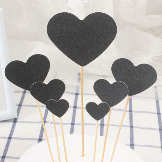 Picture of Paper Cupcake Picks Toppers Black Heart Glitter 19cm x 7.5cm - 13cm x 2.5cm, 1 Set ( 7 PCs/Set)