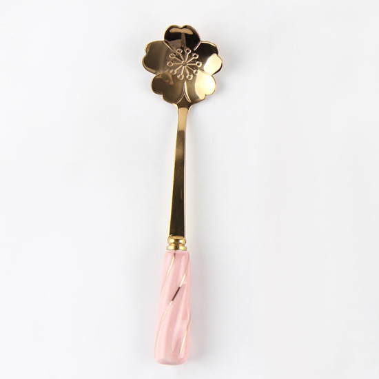 Picture of Stainless Steel & Ceramic Spoon Tableware Sakura Flower Gold Plated Pink 12cm, 1 Piece