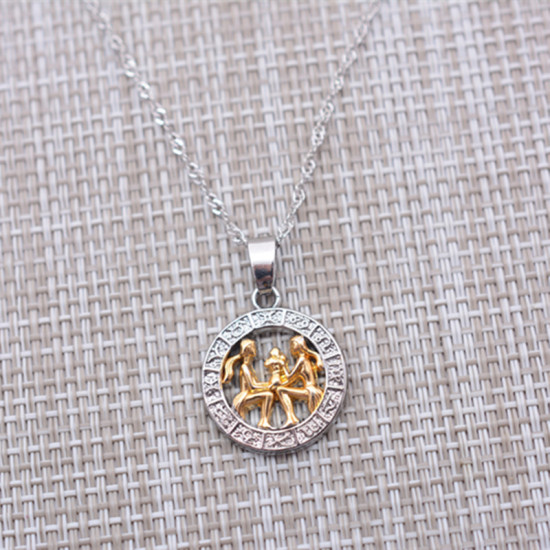 Picture of Necklace Gold Plated & Silver Tone Circle Ring Gemini Sign Of Zodiac Constellations 50cm(19 5/8") long, 1 Piece