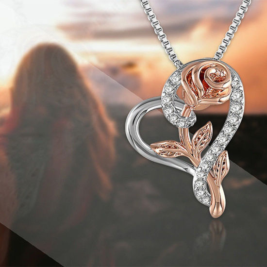 Picture of Necklace Silver Tone & Rose Gold Heart Rose Flower Clear Cubic Zirconia 45cm(17 6/8") long, 1 Piece