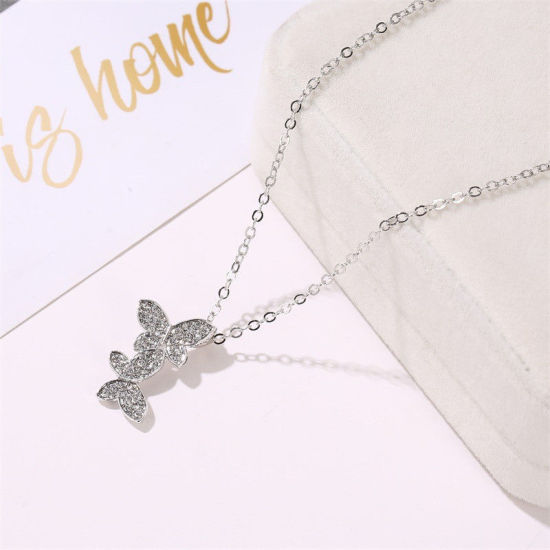 Picture of Necklace Silver Tone Butterfly Animal Clear Rhinestone 53cm(20 7/8") long, 1 Piece