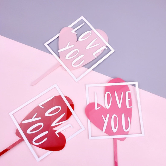 Изображение Акриловые Вставная Карта Торта Розовый Квадратные Сердце Сообщение " I Love you " 85мм, 1 ШТ