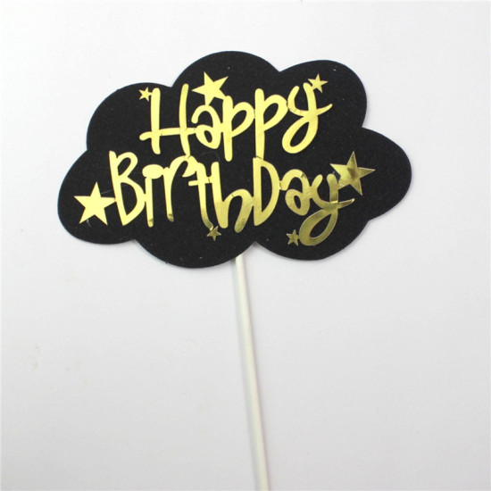 Picture of Paper Cupcake Picks Toppers Black & Gold Cloud Pentagram Star Message " HAPPY BIRTHDAY " 13.5cm x 8.5cm, 1 Piece