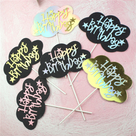 Picture of Paper Cupcake Picks Toppers Black & Gold Cloud Pentagram Star Message " HAPPY BIRTHDAY " 13.5cm x 8.5cm, 1 Piece