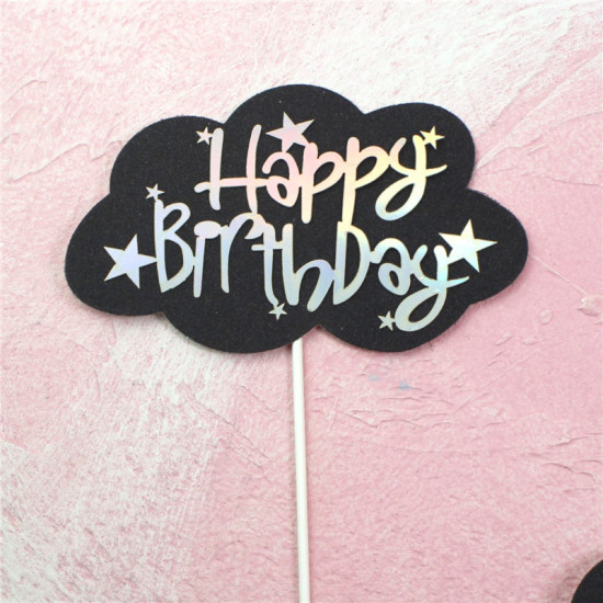 Picture of Paper Cupcake Picks Toppers Black & Silver Cloud Pentagram Star Message " HAPPY BIRTHDAY " 13.5cm x 8.5cm, 1 Piece