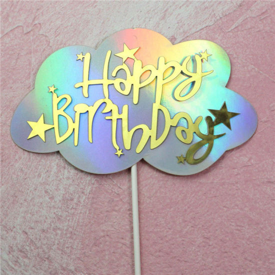 Picture of Paper Cupcake Picks Toppers Golden & Silver Cloud Pentagram Star Message " HAPPY BIRTHDAY " 13.5cm x 8.5cm, 1 Piece