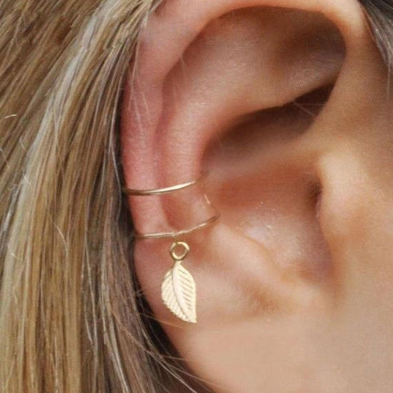 Picture of Ear Cuffs Clip Wrap Earrings Gold Plated C Shape Leaf 27mm x 12mm, 1 Piece