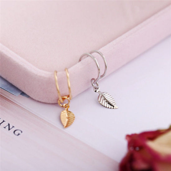 Picture of Ear Cuffs Clip Wrap Earrings Gold Plated C Shape Leaf 27mm x 12mm, 1 Piece
