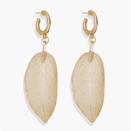 Hoop Earrings Gold Plated Leaf 90mm x 33mm, 1 Pair