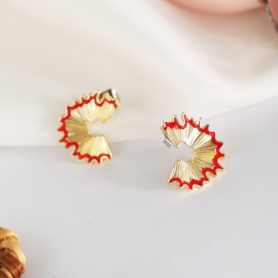 Picture of Ear Post Stud Earrings Gold Plated Red Pencil Shavings Enamel 16mm x 12mm, 1 Pair