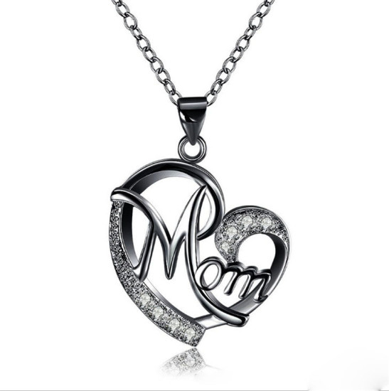 Picture of Mother's Day Necklace Black Heart Message " Mom " Clear Rhinestone 45cm(17 6/8") long, 1 Piece
