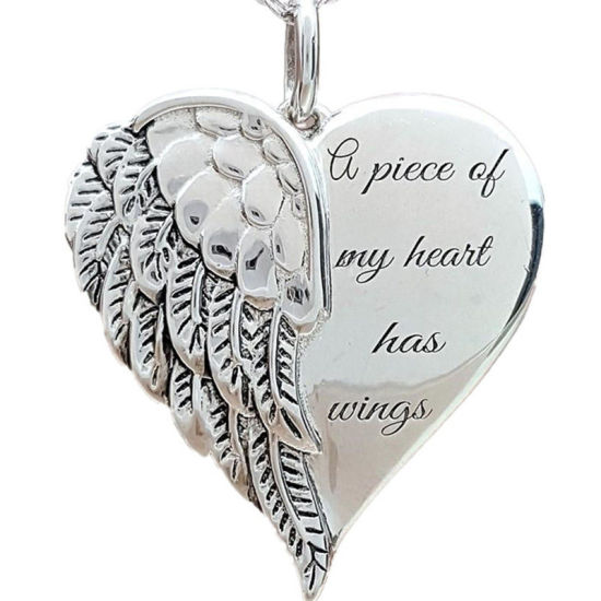 Picture of Valentine's Day Necklace Silver Tone Heart Wing Message " a piece of my heart has wings " 40cm(15 6/8") long, 1 Piece