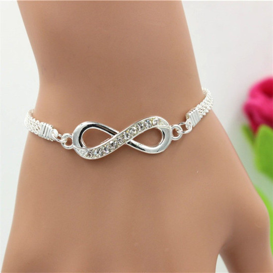 Picture of Bracelets Silver Tone Infinity Symbol Clear Rhinestone 14cm(5 4/8") long, 1 Piece