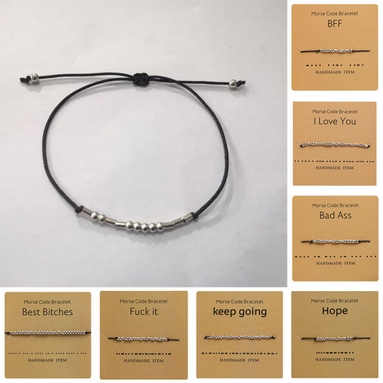 Picture of Morse Code Charm Beads Bracelets Valentines Friendship Bracelets String Adjustable Gift for Women Men Jewellery Silver Tone Black, 1 Piece