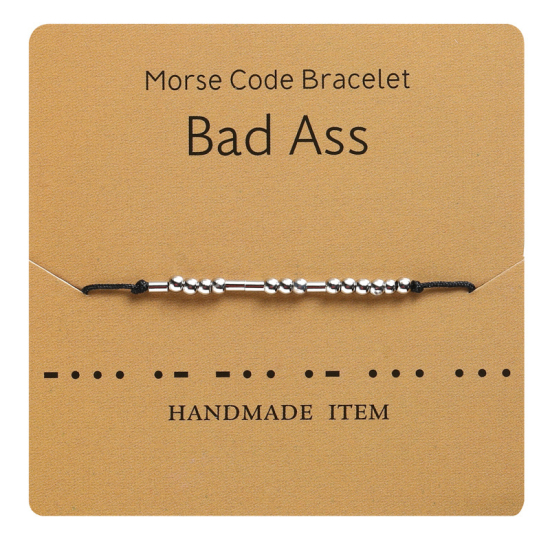 Morse Code Charm Beads Bracelets Valentines Friendship Bracelets String Adjustable Gift for Women Men Jewellery Silver Tone Black, 1 Piece の画像
