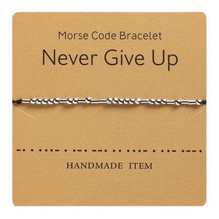 Image de 1 Pièce Bracelets Tressés Code Morse en Laiton & Polyester Argent Mat Noir Mots" NEVER GIVE UP "