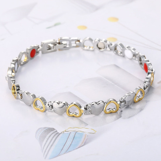 Picture of 1 Piece Therapy Health Weight Loss Energy Slimming Lymphatic Drainage Magnetic Bracelets Gold Plated & Silver Tone Heart 20cm(7 7/8") long