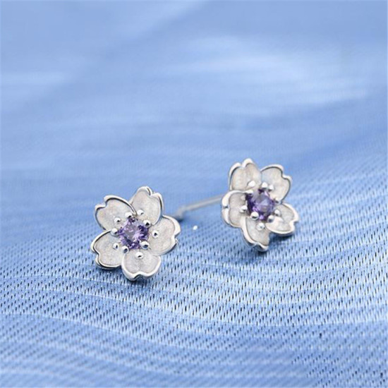 Picture of White Copper Ear Post Stud Earrings Silver Tone Flower Purple Rhinestone 9mm x 9mm, 1 Pair