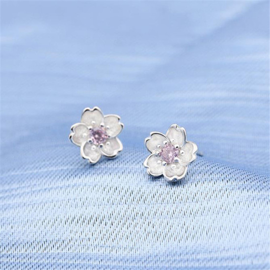 Picture of White Copper Ear Post Stud Earrings Silver Tone Flower Pink Rhinestone 9mm x 9mm, 1 Pair