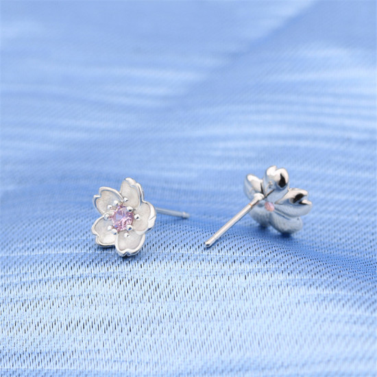 Picture of White Copper Ear Post Stud Earrings Silver Tone Flower Pink Rhinestone 9mm x 9mm, 1 Pair