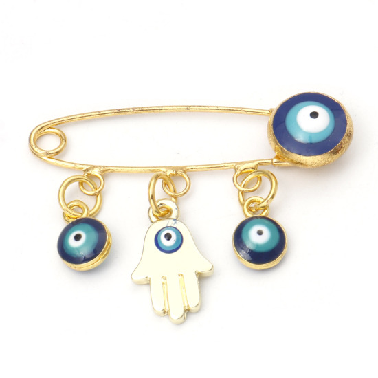 Picture of Pin Brooches Evil Eye Hand Palm Gold Plated Multicolor Enamel 36mm x 11mm, 1 Piece