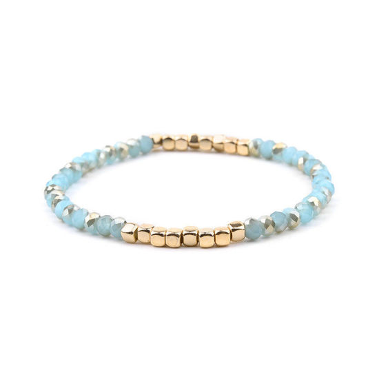 Picture of Crystal ( Natural ) Dainty Bracelets Delicate Bracelets Beaded Bracelet Gold Plated Blue Elastic 18cm(7 1/8") long, 1 Piece