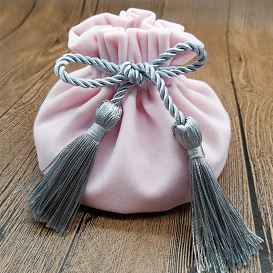 Picture of Polyester Drawstring Bags Round Light Pink Tassel 17cm x 12cm, 1 Piece