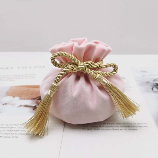 Picture of Polyester Drawstring Bags Round Light Pink & Golden Tassel 17cm x 12cm, 1 Piece