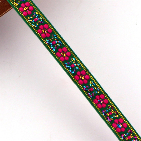 Picture of Polyester Jacquard Webbing Ribbon Green Flower 10mm, 1 Roll (Approx 7 M/Roll)