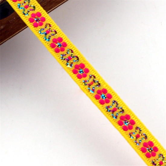 Picture of Polyester Jacquard Webbing Ribbon Yellow Flower 10mm, 1 Roll (Approx 7 M/Roll)