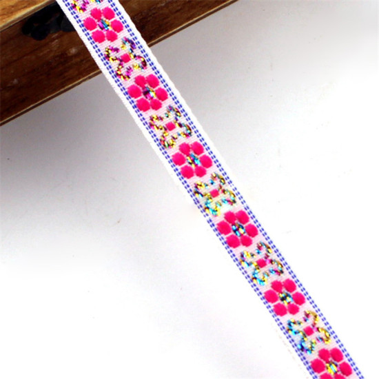 Picture of Polyester Jacquard Webbing Ribbon White Flower 10mm, 1 Roll (Approx 7 M/Roll)