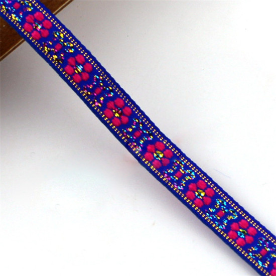 Picture of Polyester Jacquard Webbing Ribbon Royal Blue Flower 10mm, 1 Roll (Approx 7 M/Roll)