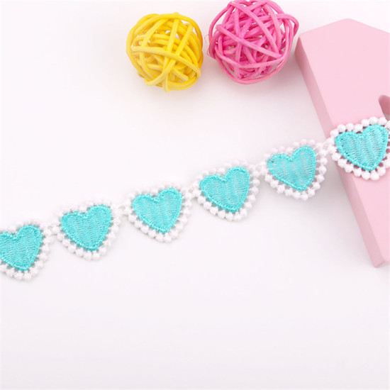 Picture of Polyester Embroidered Ribbon Trim Light Blue Heart 20mm, 3 Yards