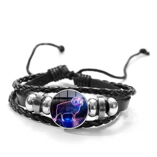 Picture of Snap Button Braided Bracelets Black Aries Sign Of Zodiac Constellations Adjustable 20cm(7 7/8") long, 1 Piece