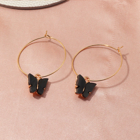 Picture of Hoop Earrings Gold Plated Black Butterfly 4cm x 3cm, 1 Pair