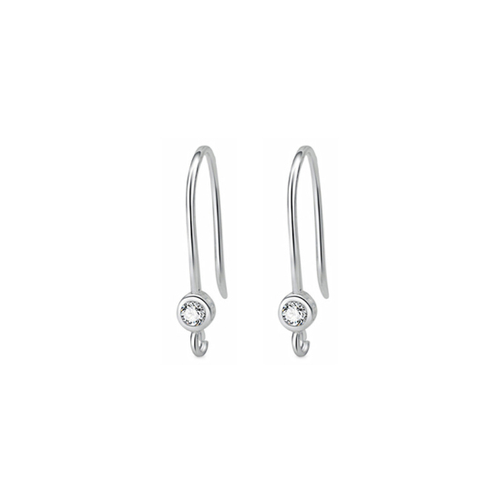 Picture of Sterling Silver Ear Wire Hooks Earring Findings Findings Silver Color Clear Cubic Zirconia W/ Loop 16mm x 8mm, Post/ Wire Size: (19 gauge), 1 Pair