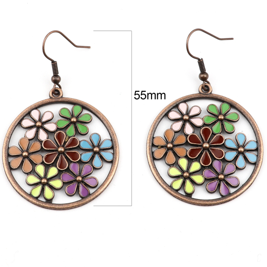 Picture of Earrings Antique Copper Multicolor Round Flower 55mm x 34mm, 1 Pair