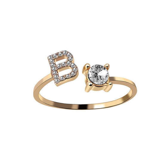 Picture of Brass Open Rings Gold Plated Capital Alphabet/ Letter Message " B " Clear Cubic Zirconia 1 Piece                                                                                                                                                              
