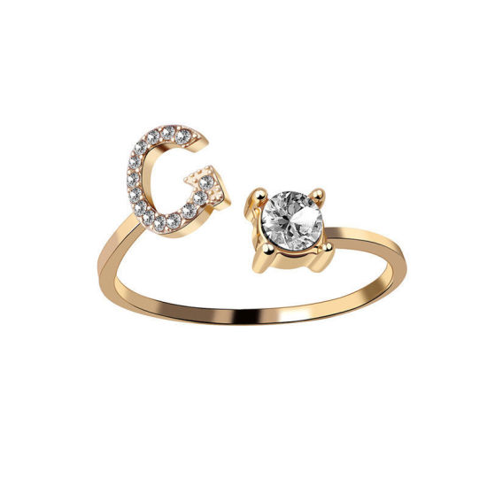 Picture of Brass Open Rings Gold Plated Capital Alphabet/ Letter Message " G " Clear Cubic Zirconia 1 Piece                                                                                                                                                              