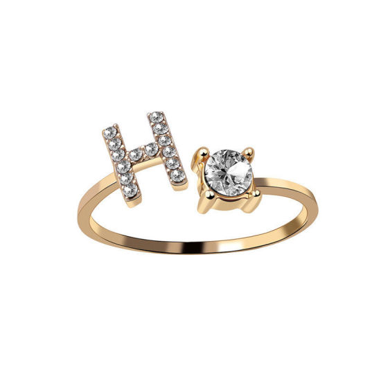 Picture of Brass Open Rings Gold Plated Capital Alphabet/ Letter Message " H " Clear Cubic Zirconia 1 Piece                                                                                                                                                              