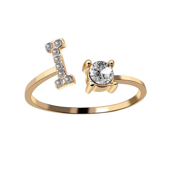 Picture of Brass Open Rings Gold Plated Capital Alphabet/ Letter Message " I " Clear Cubic Zirconia 1 Piece                                                                                                                                                              