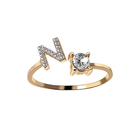 Picture of Brass Open Rings Gold Plated Capital Alphabet/ Letter Message " N " Clear Cubic Zirconia 1 Piece                                                                                                                                                              