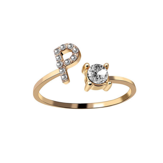 Picture of Brass Open Rings Gold Plated Capital Alphabet/ Letter Message " P " Clear Cubic Zirconia 1 Piece                                                                                                                                                              