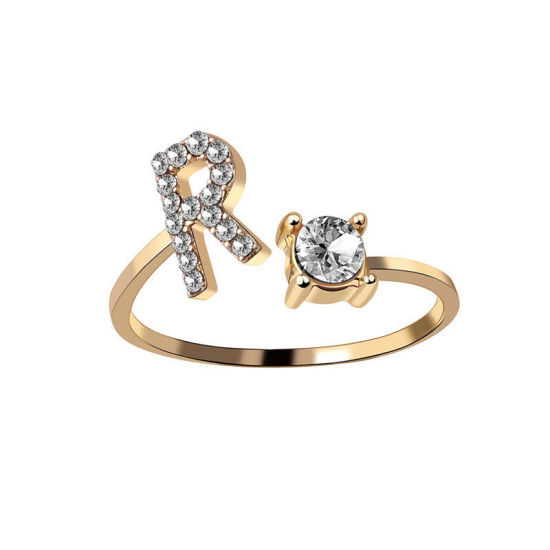 Picture of Brass Open Rings Gold Plated Capital Alphabet/ Letter Message " R " Clear Cubic Zirconia 1 Piece                                                                                                                                                              