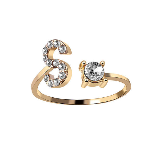 Picture of Brass Open Rings Gold Plated Capital Alphabet/ Letter Message " S " Clear Cubic Zirconia 1 Piece                                                                                                                                                              