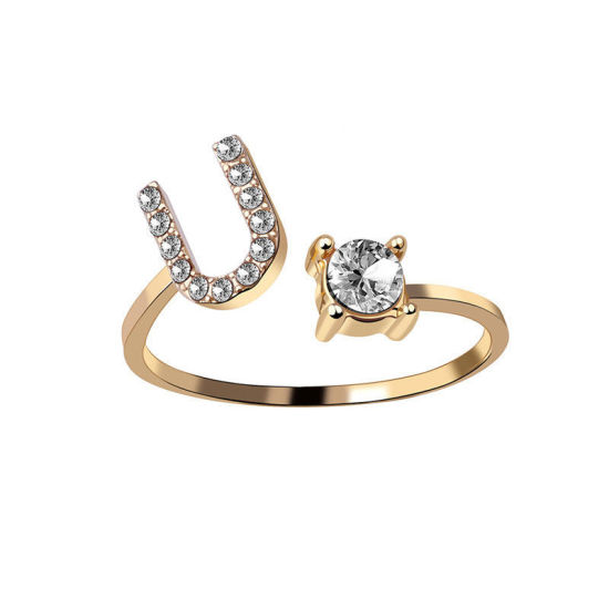 Picture of Brass Open Rings Gold Plated Capital Alphabet/ Letter Message " U " Clear Cubic Zirconia 1 Piece                                                                                                                                                              