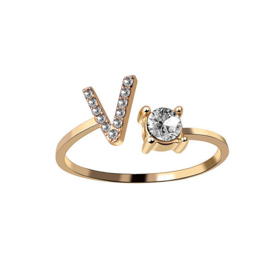 Picture of Brass Open Rings Gold Plated Capital Alphabet/ Letter Message " V " Clear Cubic Zirconia 1 Piece                                                                                                                                                              