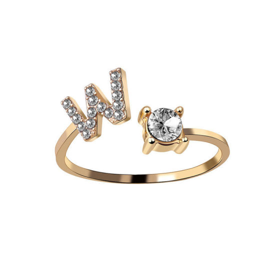 Picture of Brass Open Rings Gold Plated Capital Alphabet/ Letter Message " W " Clear Cubic Zirconia 1 Piece                                                                                                                                                              