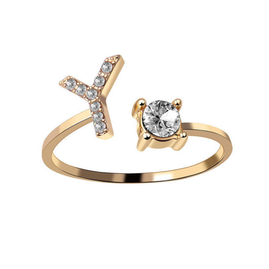 Picture of Brass Open Rings Gold Plated Capital Alphabet/ Letter Message " Y " Clear Cubic Zirconia 1 Piece                                                                                                                                                              